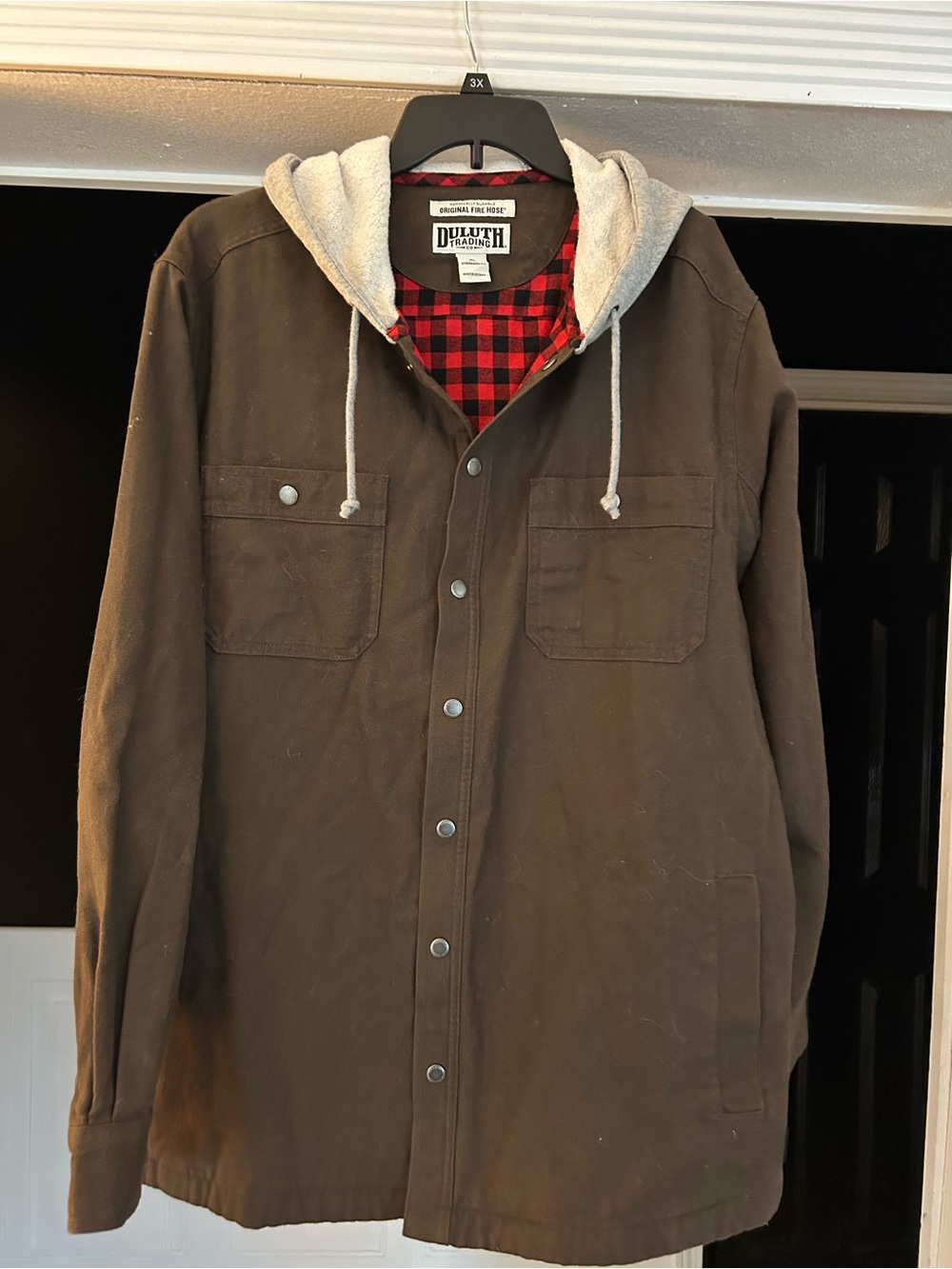 Duluth Trading Co Brown Hooded Shirt Jacket with Red Buffalo Plaid Lining